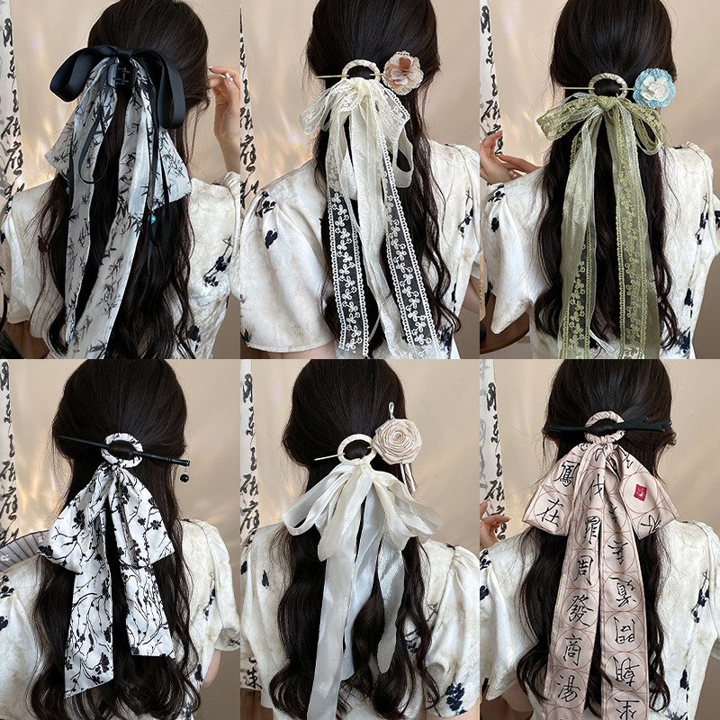 古风飘带蝴蝶结发带女夏汉服新中式发簪水墨画簪子后脑勺头饰发钗