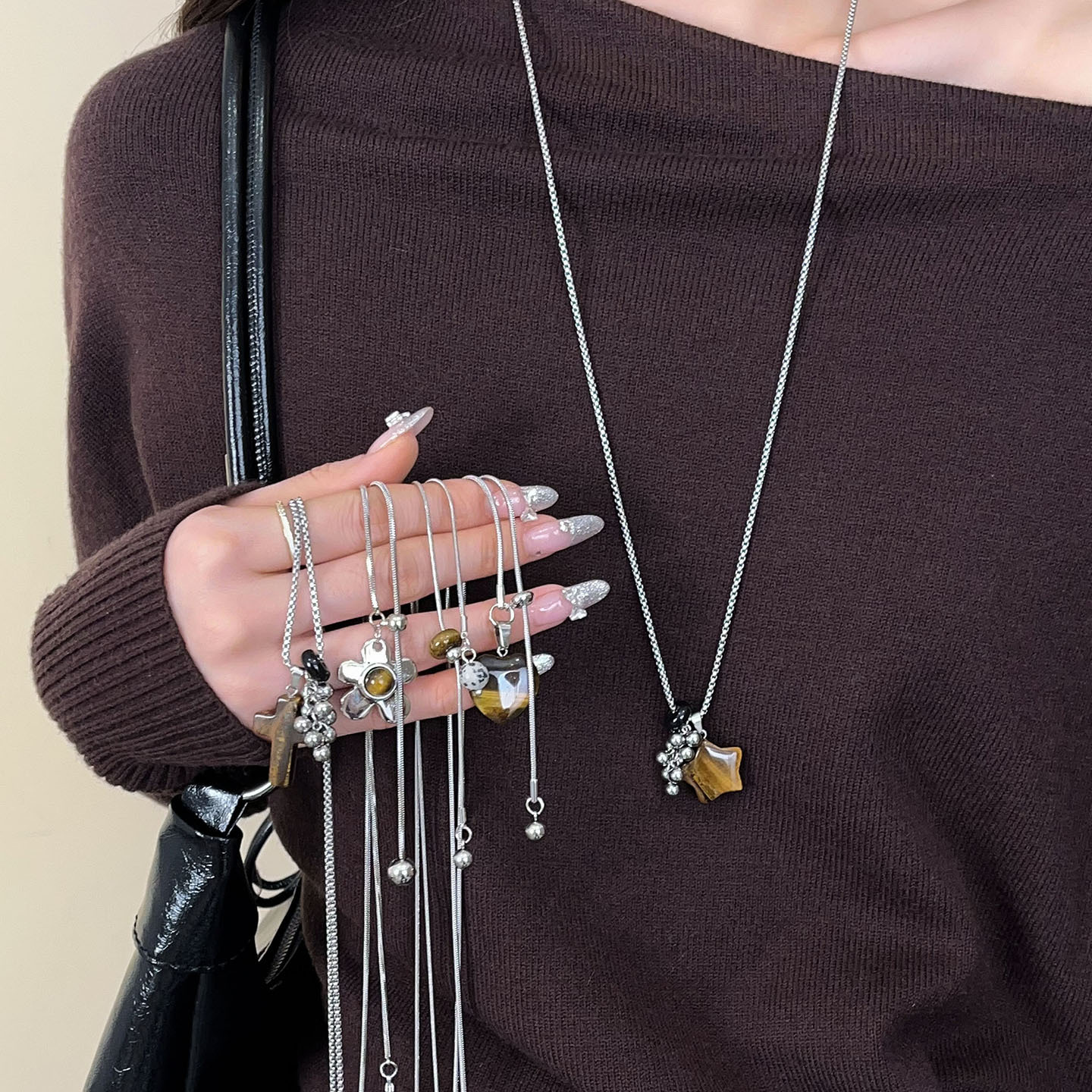 复古虎眼石花朵爱心抽拉项链女