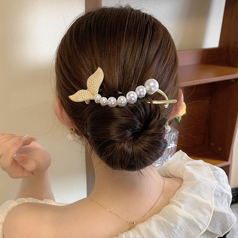 夏季鱼尾一字夹青蛙扣高级感珍珠发夹女后脑勺发卡盘发器夹子头饰