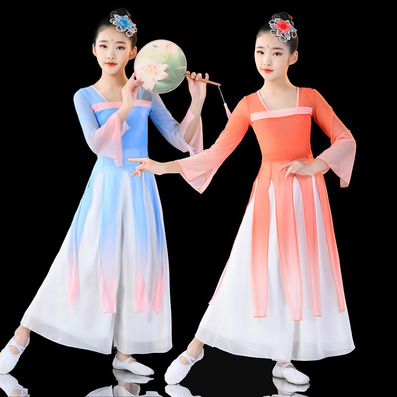 儿童古典舞演出服练功服中国风舞蹈服女童古风扇子舞表演纱衣飘逸
