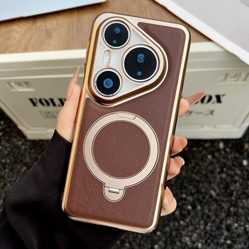 适用华为pura70手机壳p70pro+电镀十字纹素皮prua70por加全包镜头硬壳pora超薄puar皮革p70p磁吸支点支架paru