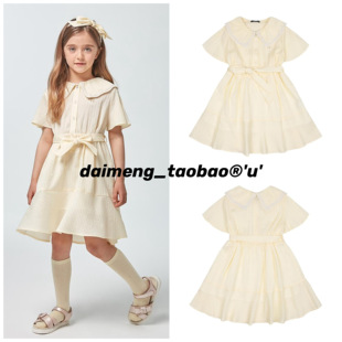 120-145码出口韩夏款女童女宝黄色刺绣拼接翻领荷叶袖腰带连衣裙