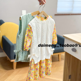 包邮！不打折120-160码出口韩春女童两色镂空甜美蝴蝶结针织背心