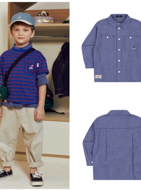 110-155码出口韩春款男女童中大童蓝色细格翻领衬衣衬衫可外搭