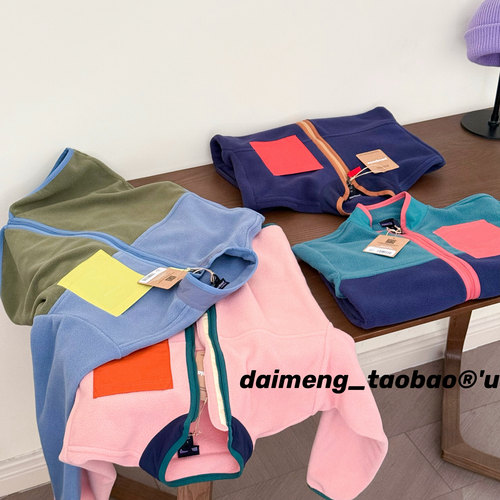 定制120-160码秋冬款男女童四色拼色摇粒绒薄款外套可内搭可外穿