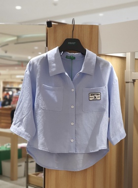 120-150码出口韩夏款女童中大童蓝色翻领柔软宽松洋气衬衣衬衫