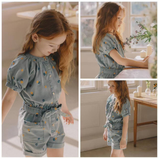 女童圆领满印碎花腰带松紧软牛仔连体短裤 出口韩夏款 145码 110