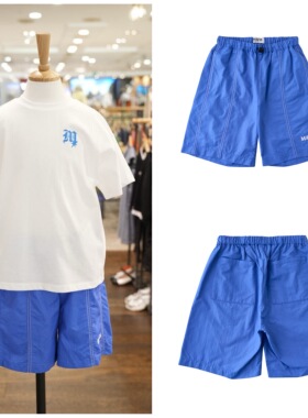 120-165码出口韩夏款男女童中大童蓝色松紧腰运动休闲速干短裤