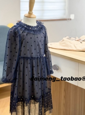 110-145码出口韩春款女童中大童藏蓝双层翻领五星气质金闪连衣裙