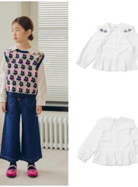 110-150码出口韩春款女童女宝白色翻领彩钻拼接下摆甜美衬衣衬衫