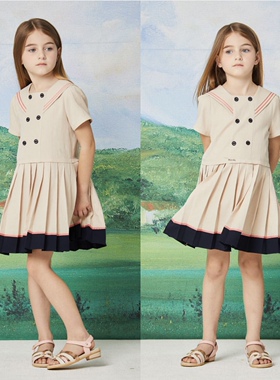 110-165码出口夏款女童卡其翻领拼接麻质百褶学院风连衣裙