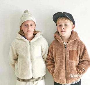 100 男童女童宝宝中性两色羊羔绒连帽保暖外套 出口韩冬款 165码