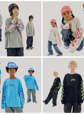 120-170码出口韩春款男女童四色圆领棋盘格休闲长袖T恤可亲子