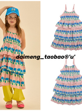 100-140码出口韩春夏款女童中大童粉色满印卡通吊带拼接连衣裙