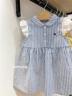 80-100码出口韩夏款女童宝宝超薄软凉爽翻领蓝条纹可爱无袖连衣裙