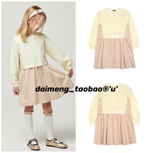 包邮！不打折100-155码出口韩春女童圆领黄色卡其拼接长袖连衣裙