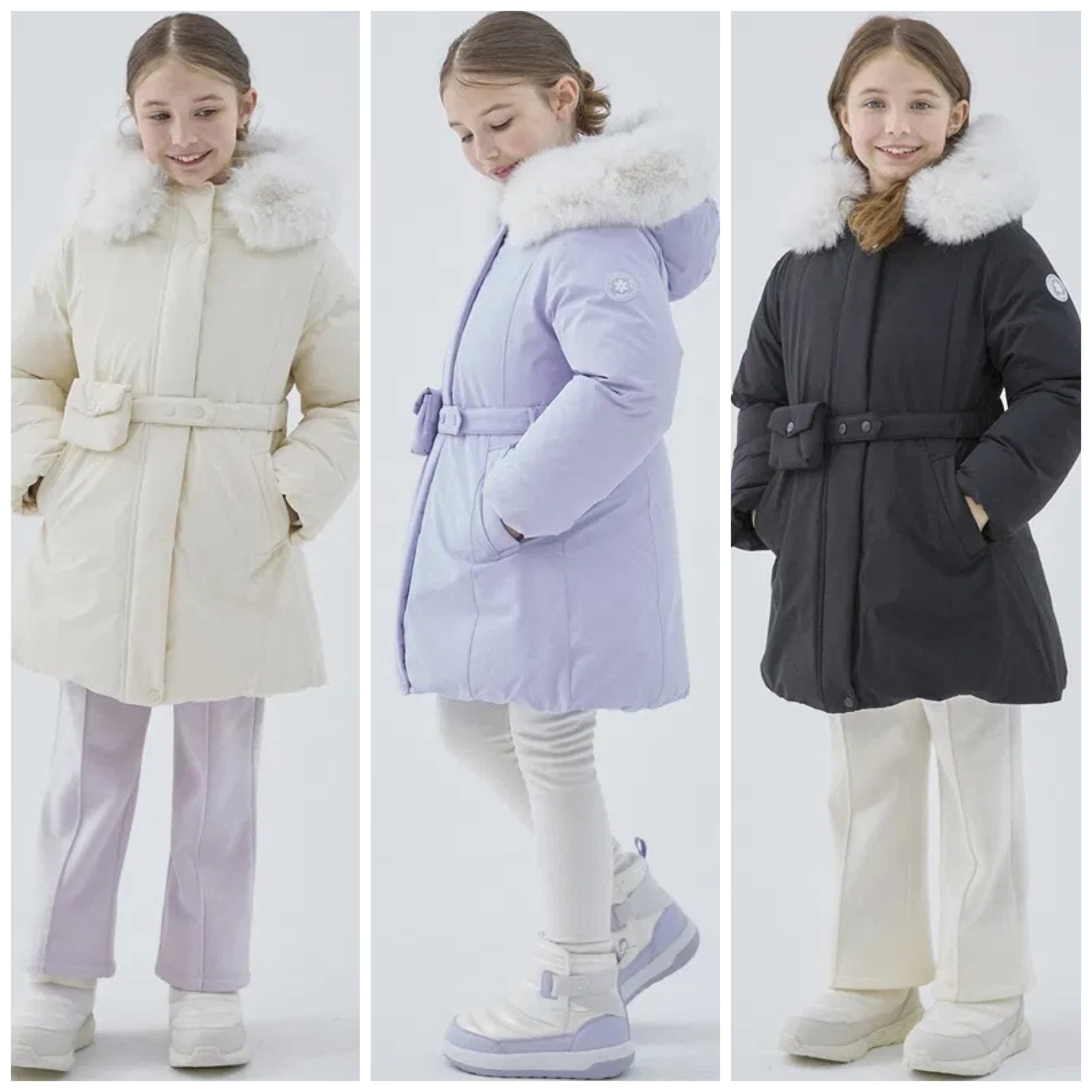 110-165码出口韩冬款女童中大童三色带腰包中长款保暖连帽羽绒服