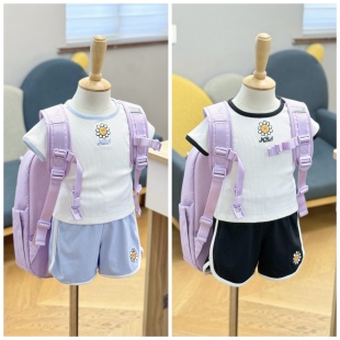 110-150码出口韩夏款女童两色拼色螺纹刺绣短袖T恤运动短裤分开卖