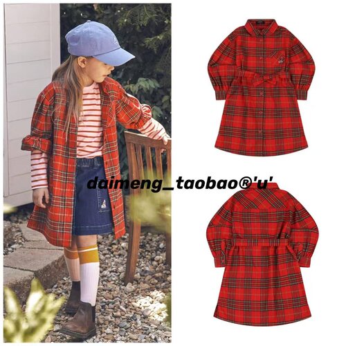 110-155码出口韩春款女童女宝红格拼色翻领长袖衬衣连衣裙可外搭