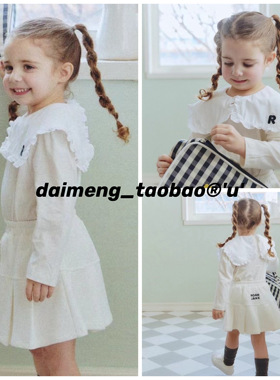 100-145码出口韩春款女童中大童白色花边大翻领纯色百搭长袖T恤