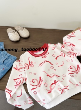 120-150码出口韩春款女童红色拼接圆领卡通满印蝴蝶结甜美卫衣