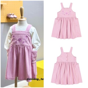 100-145码出口韩秋冬款女童女宝粉色刺绣小花条绒背带连衣裙