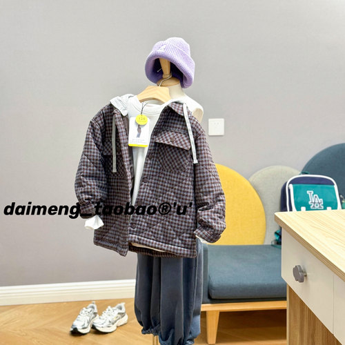 120-160码出口韩冬款男女童棕格拼色柔软保暖连帽棉衣棉服可亲子