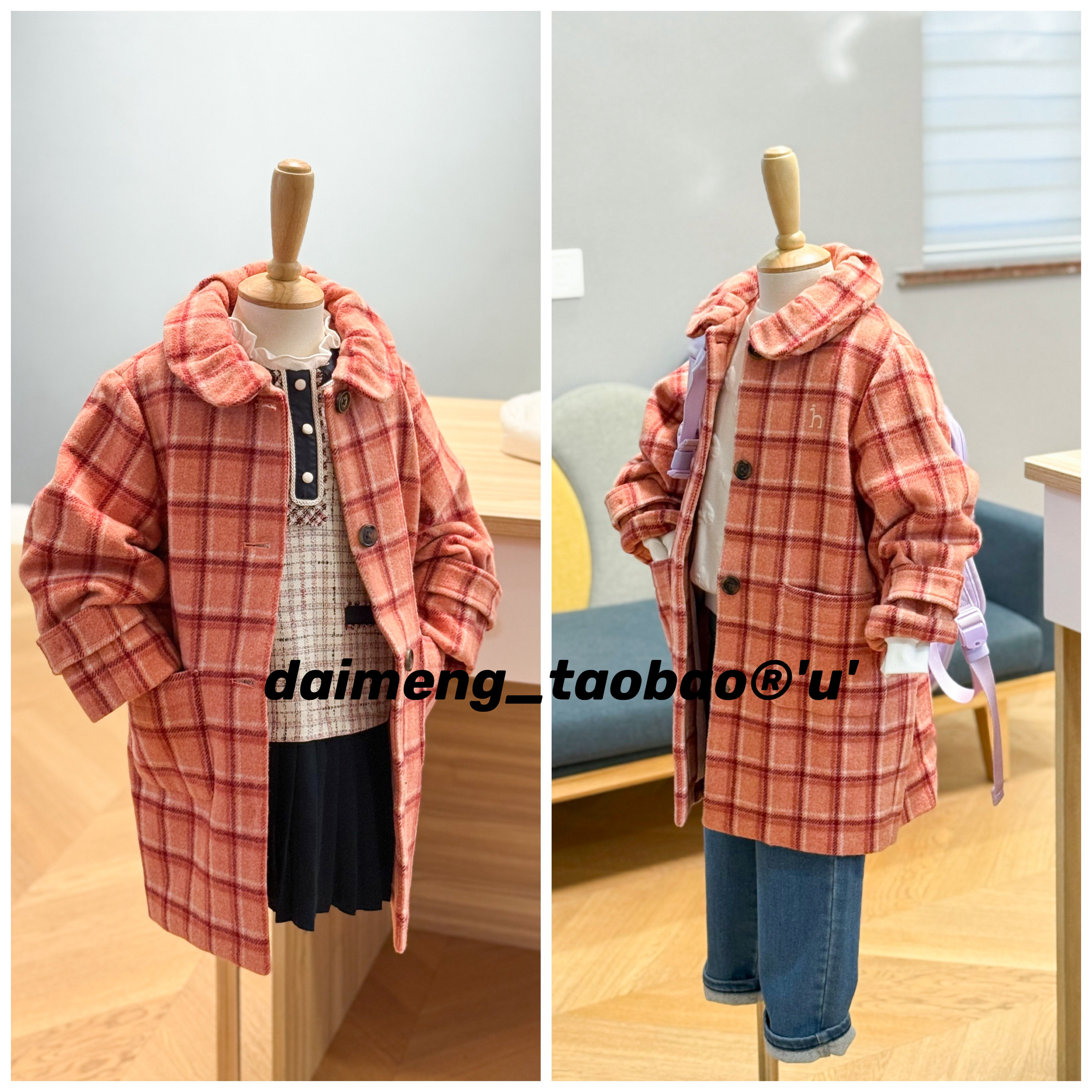 110-155码出口韩冬款女童中大童红格单排扣复古格呢大衣外套