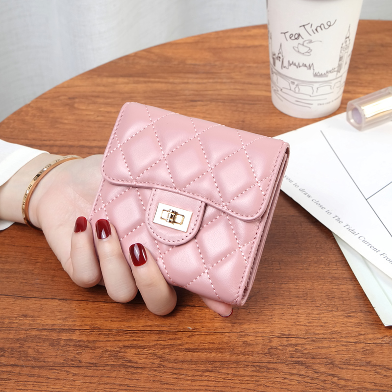 真皮小香风菱格短款钱包女羊皮软