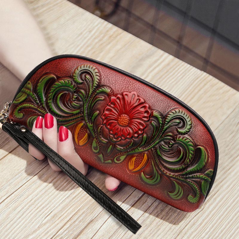 新品 头层牛皮 立体花朵 配手腕带 大容量