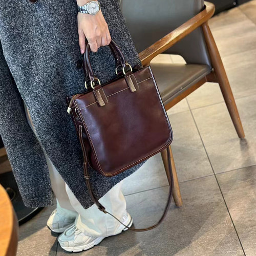 头层牛皮女包手提单肩竖款百搭