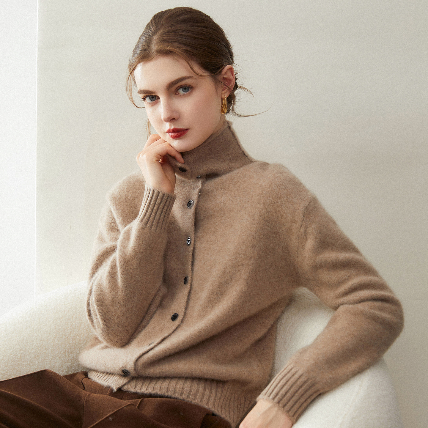 100山羊绒立领带扣开衫女 秋冬系扣高领羊绒衫上衣厚款毛衣