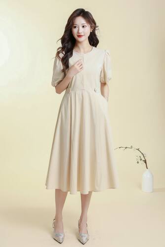 羽衣甘蓝女装夏季圆领半开门襟收腰短袖连衣裙