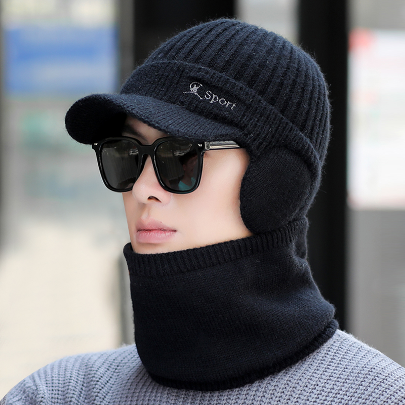 帽子男冬季保暖时尚百搭加绒毛线帽男冬天骑车护耳加厚针织帽鸭舌
