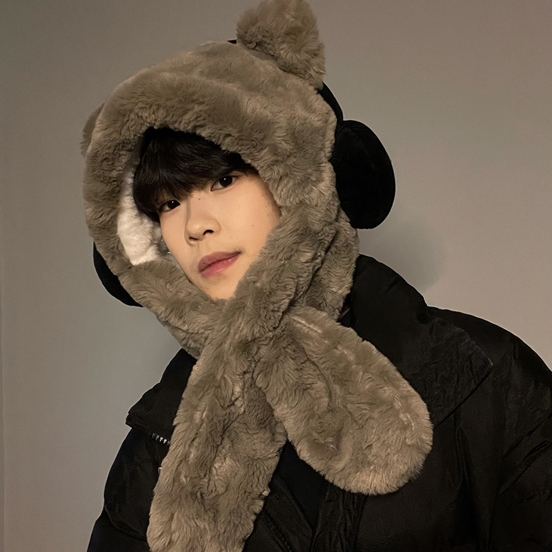 2024新款小熊耳朵毛绒帽子围巾一体男冬季学生骑行加厚保暖雷锋帽