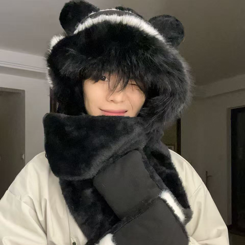 2025新款小熊毛绒帽围巾三件套