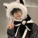 狐狸毛绒帽子围巾一体男秋冬季 加厚围脖保暖骑行防寒骑车护耳连帽