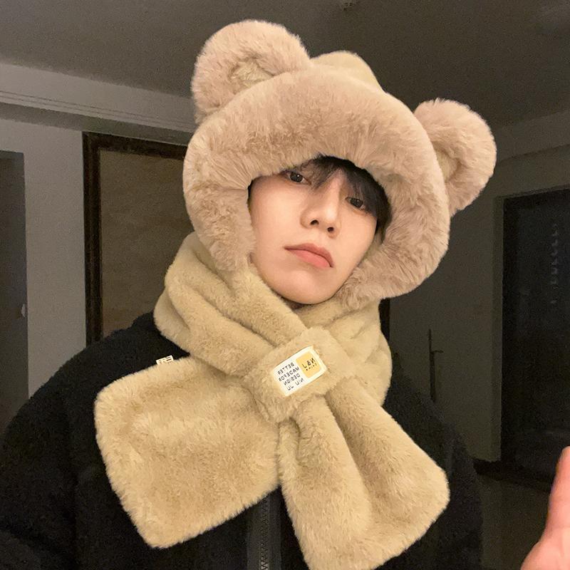 帽子围巾一体冬季加绒小熊可爱