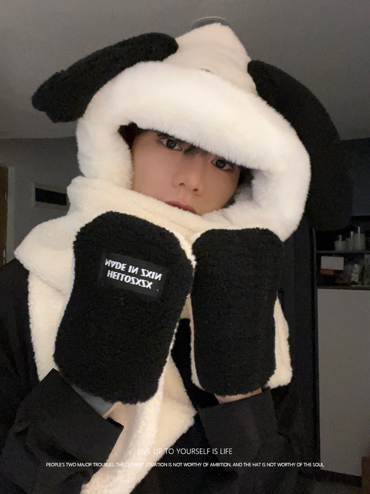 커플의 귀여운 파차 강아지 플러시 스카프 남자 겨울 따뜻한 장갑 모자 스카프 올인원 3 종 세트