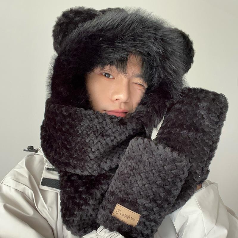 可爱小熊帽子围巾一体保暖护耳