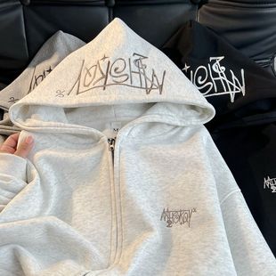 纯棉刺绣国潮牌情侣美式开衫连帽卫衣男款宽松加绒拉链纯棉外套男