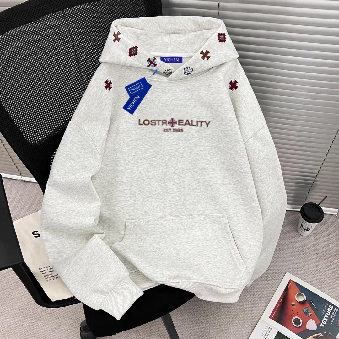 刺绣字母纯棉连帽卫衣男款秋冬季高街百搭宽松潮牌休闲设计感上衣