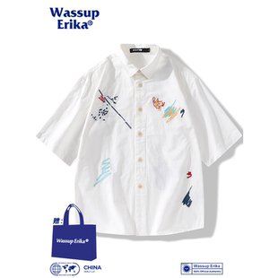 WASSUP 重磅純棉襯衫 男女韓系寬松休閑翻領刺繡短袖 襯衣 ERIKA夏季