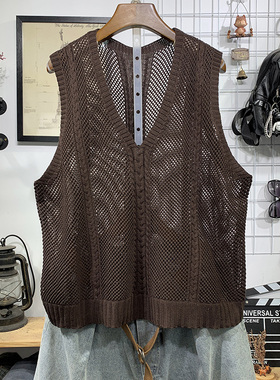 大码镂空遮肚马甲女秋季2025年新款宽松穿搭复古外搭v领针织背心