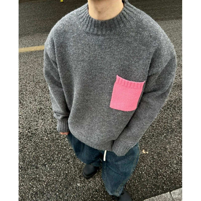 复古简约口袋撞色毛线衣慵懒风宽松套头针织衫上衣韩版内搭毛衣男,男装,针织衫/毛衣,淘宝优惠券,粉丝福利购,淘宝优惠卷