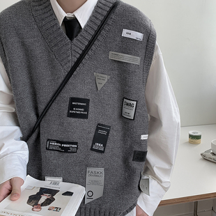 个性小众风贴布小标男宽松毛织背心潮流休闲V领无袖毛衣针织马甲