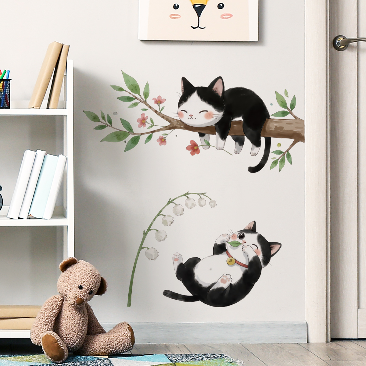 可爱黑猫枝头自粘墙壁贴纸儿童房间室内幼儿园墙面装饰贴画布置图片
