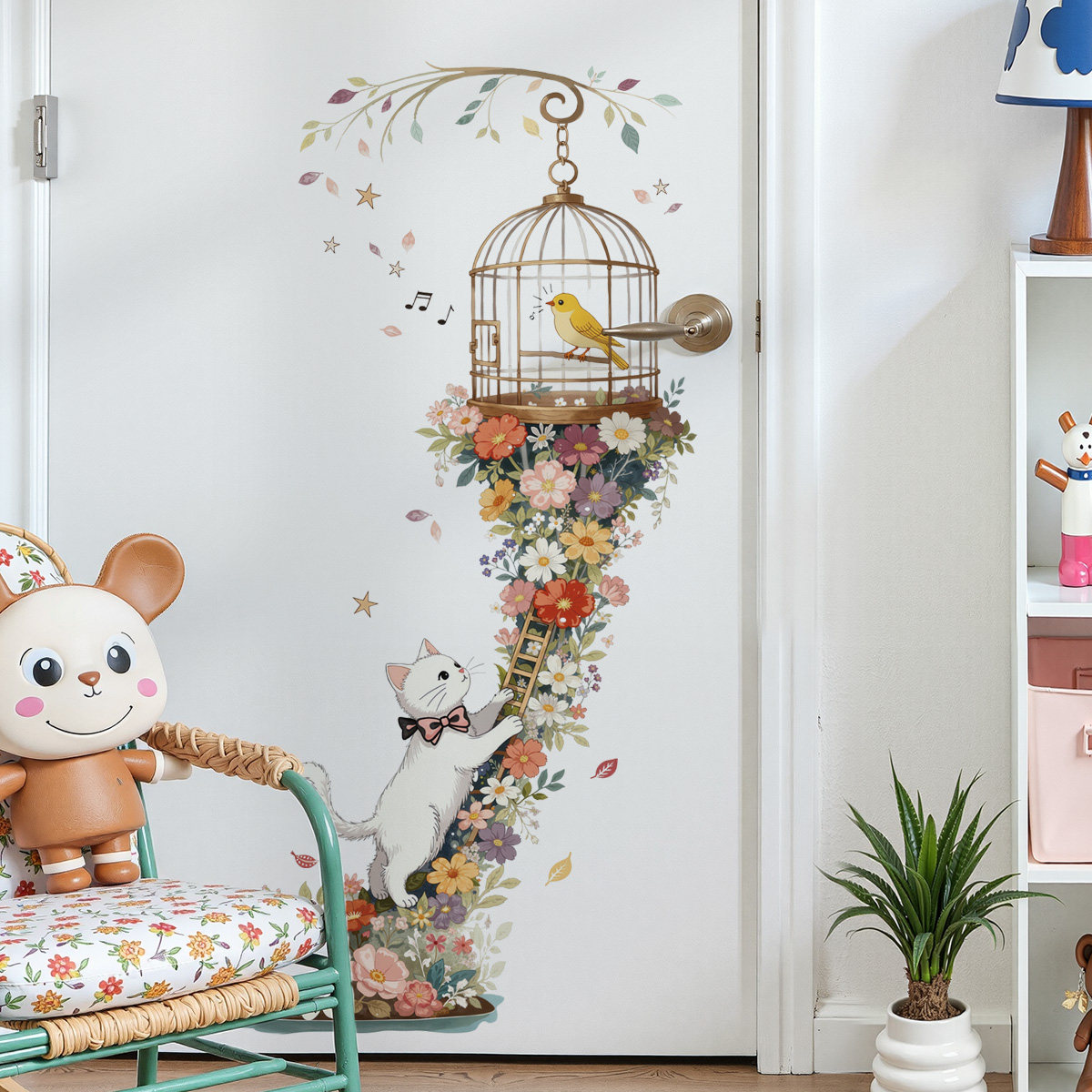鸟笼花朵猫咪自粘墙壁贴纸治愈系贴画女孩子房间布置室内改造可撕,家居饰品,软装墙贴,淘宝优惠券,粉丝福利购,淘宝优惠卷