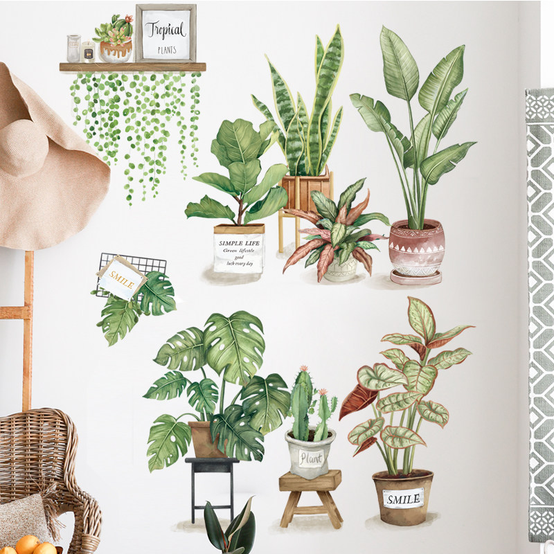 清新植物盆栽墙贴纸北欧风ins厨房墙壁装饰防水自粘卧室床头温馨
