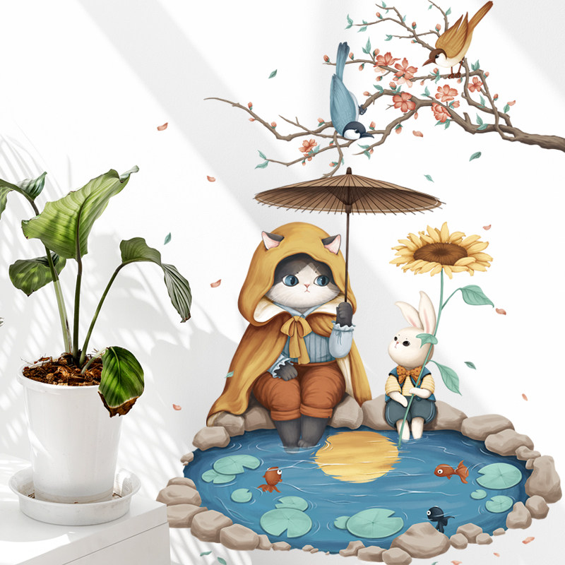 卡通动物墙贴猫咪小兔子池塘小鱼枝头幼儿园教室墙面装饰布置防水